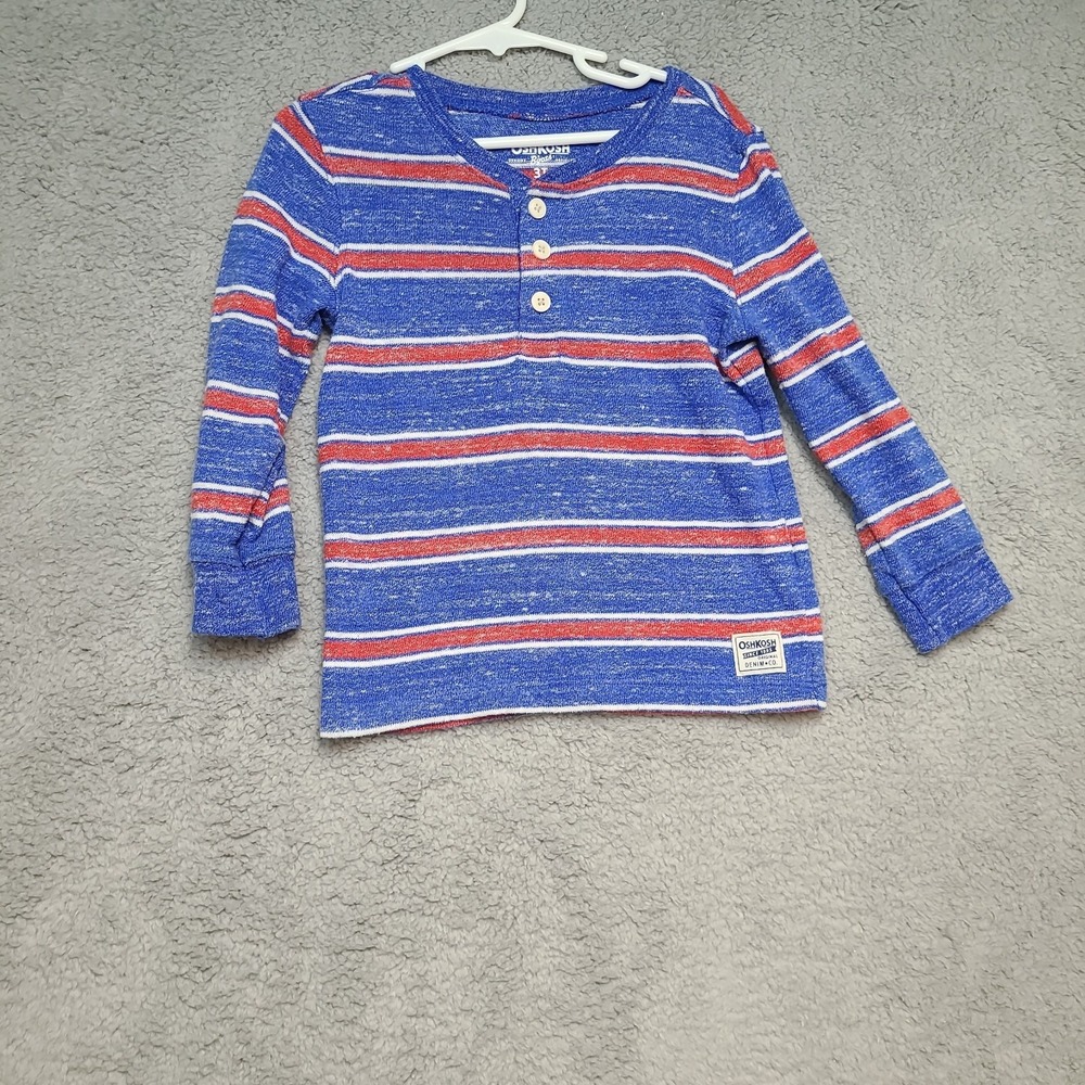 OshKosh B'gosh Toddler Boys Henley Shirt Size 3T Blue Red Stripe Long Sleeve